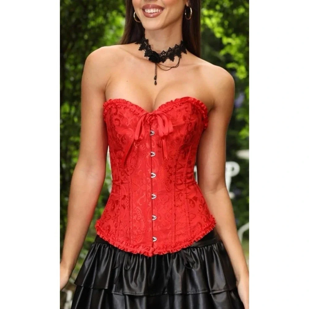 Valentines Day Floral Jacquard Lace Up Corset Boned Overbust Womens Red Size XXS